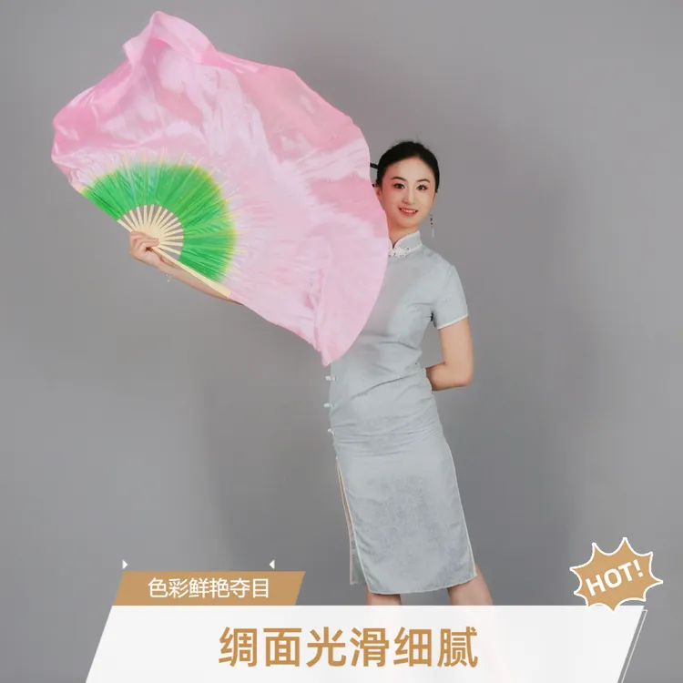 双面扇舞蹈扇淡绿粉色渐变绸扇茉莉花古典舞大秧歌舞胶州秧歌用品