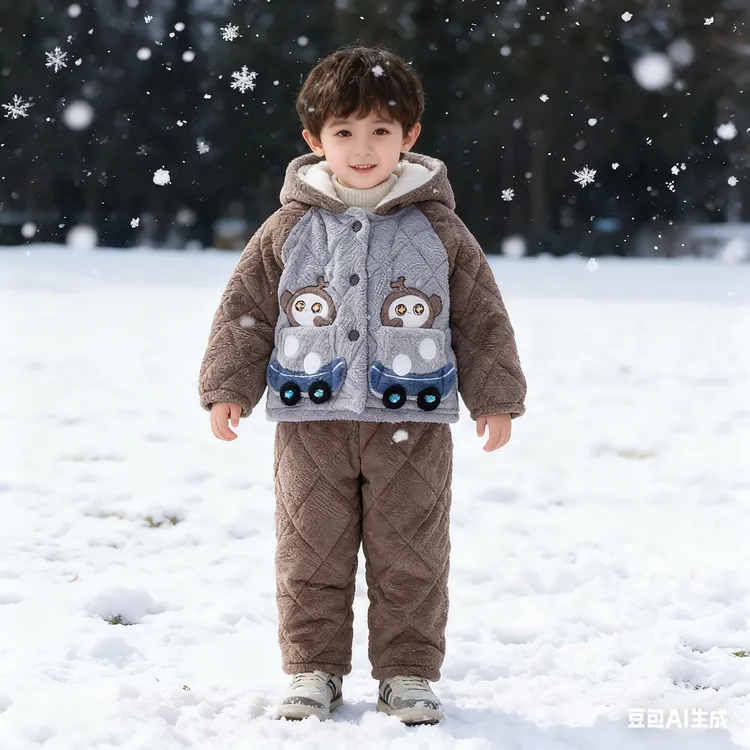 男童加厚睡衣冬季新款加绒三层夹棉洋气男中童家居服套装保暖两件