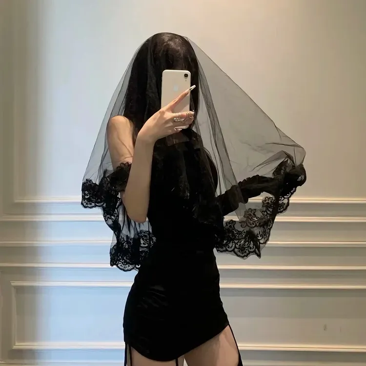 黑色蕾丝头纱万圣节cos哥特圣母玛利亚吸血鬼新娘装扮道具配头饰