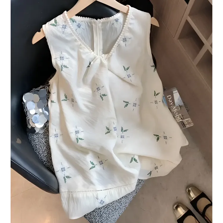 碎花刺绣扭结V领吊带背心女2025夏季新款设计感减龄气质无袖上衣
