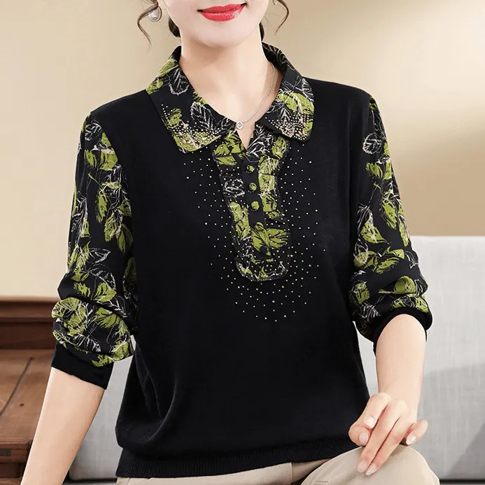 2025秋冬新款民族风花色拼接假两件衬衫宽松遮肉显瘦高级感打底衫