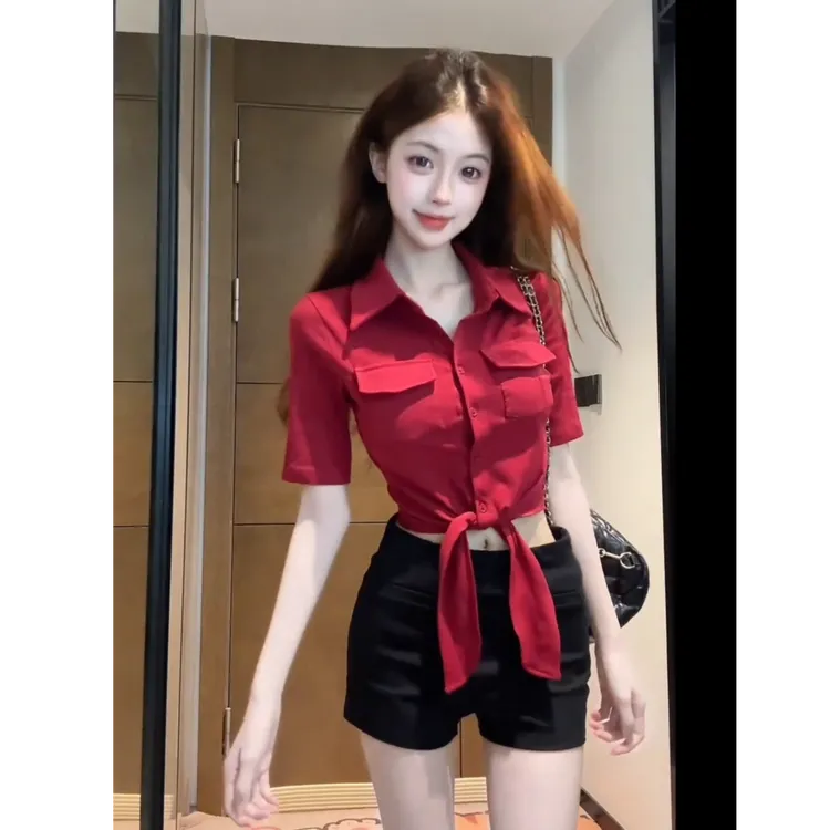 2025夏季新款纯欲风翻领中袖衬衫女夏季设计感辣妹上衣裤子两件套