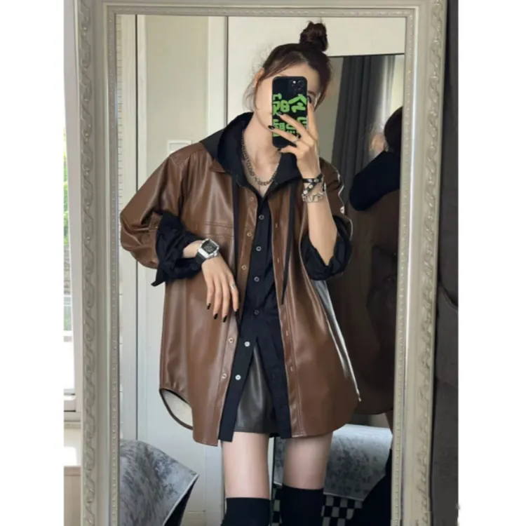 春季新款黑色连帽衬衣+美拉德棕色PU皮衣外套宽松高级感两件套女