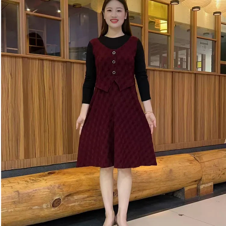 秋新款假两件长袖女装气质显瘦减龄连衣裙中长款拼接裙子女
