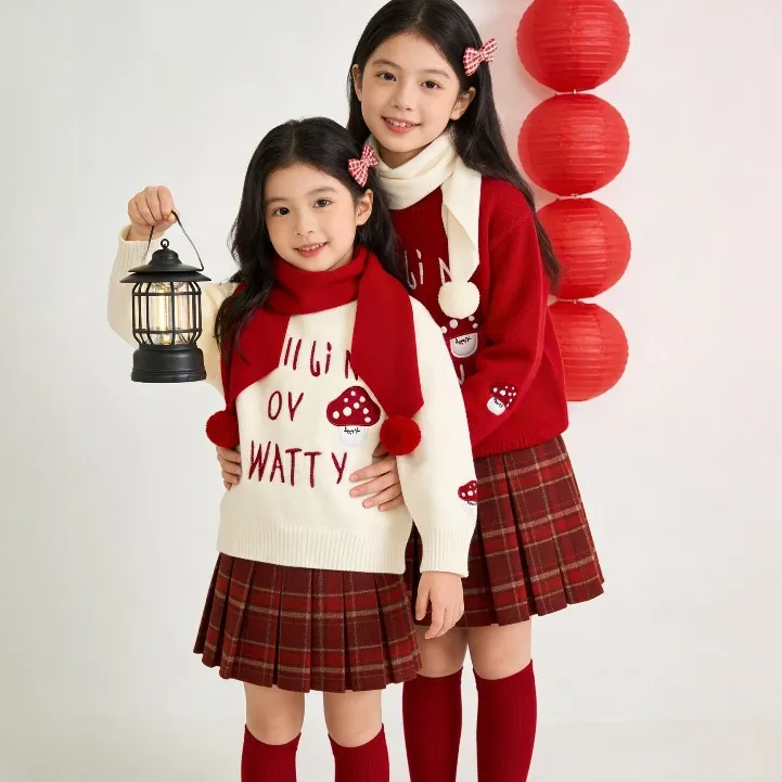 红白色毛衣加厚儿童女秋冬拜年新年针织套头圆领长袖保暖打底圣诞