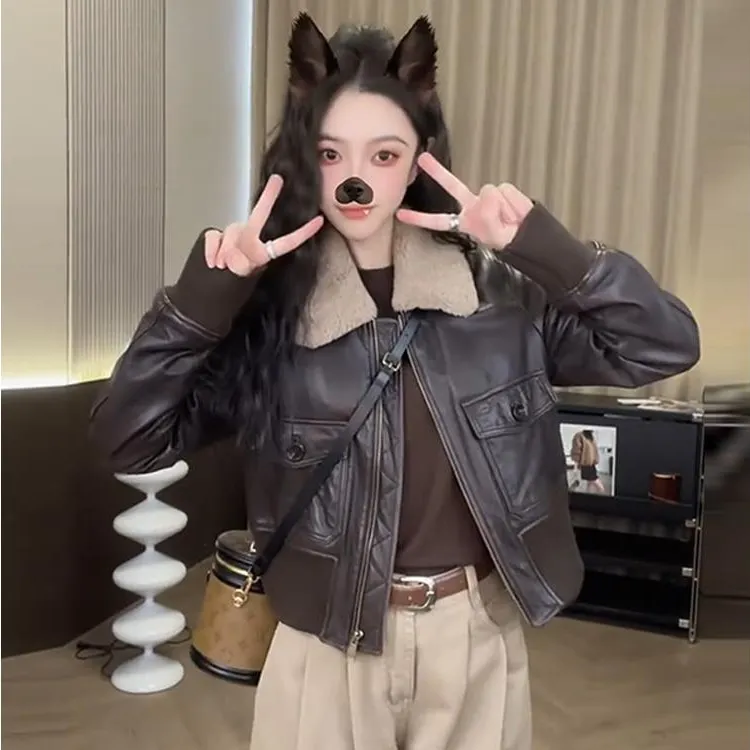 加棉加厚皮衣外套女秋季新款小个子百搭休闲款短款皮夹克上衣