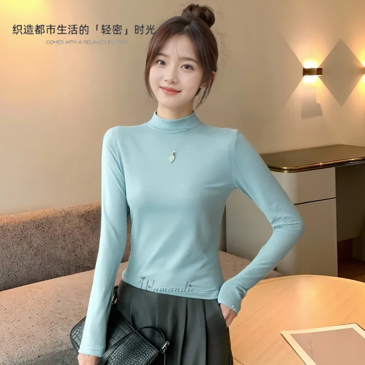 秋冬可外穿精致打底衫女内搭修身磨毛女士针织长袖t恤收腰立领