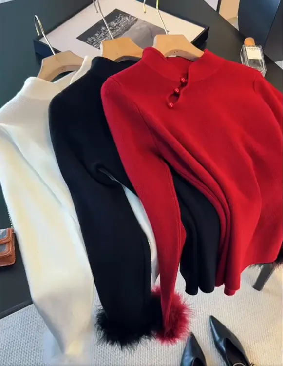新中式立领毛绒针织衫女秋冬新款过年保暖修身打底衫毛袖长袖毛衣