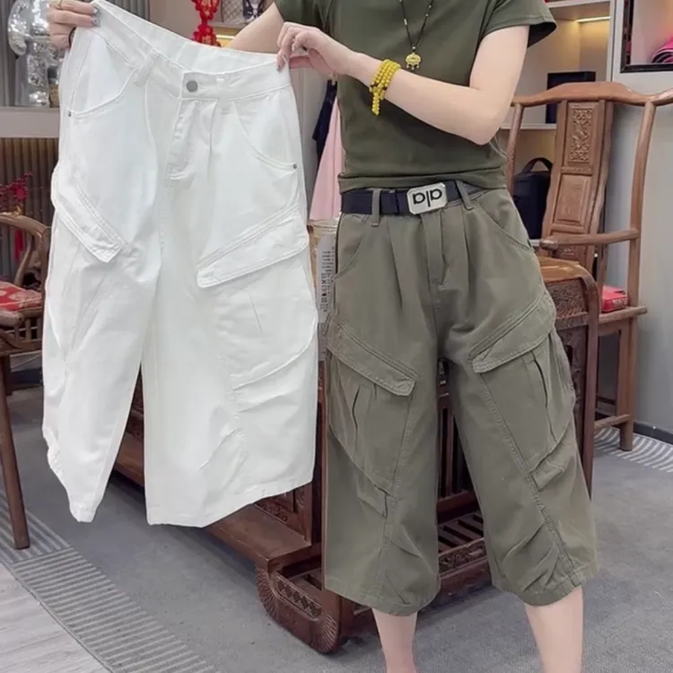 夏季7分裤工装裤大兜裤子宽松阔腿裤女