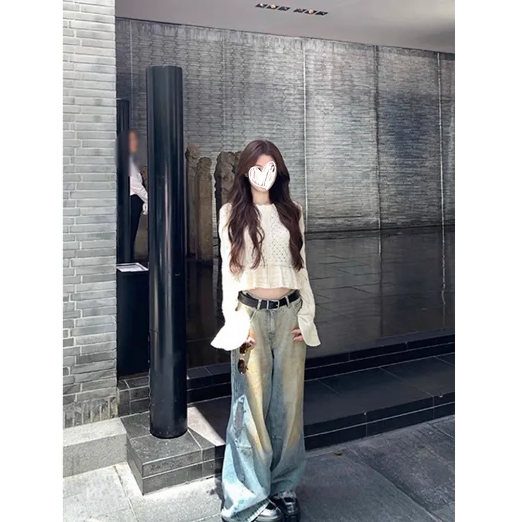 小香风复古喇叭袖针织衫女秋季新款设计感小众钩花镂空上衣#Y8525