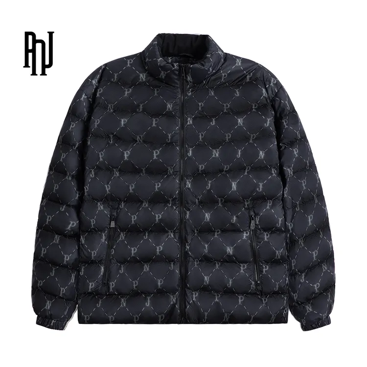 PNJ新品90绒秋冬时尚保暖休闲运动满印立领轻薄款羽绒服情侣短款