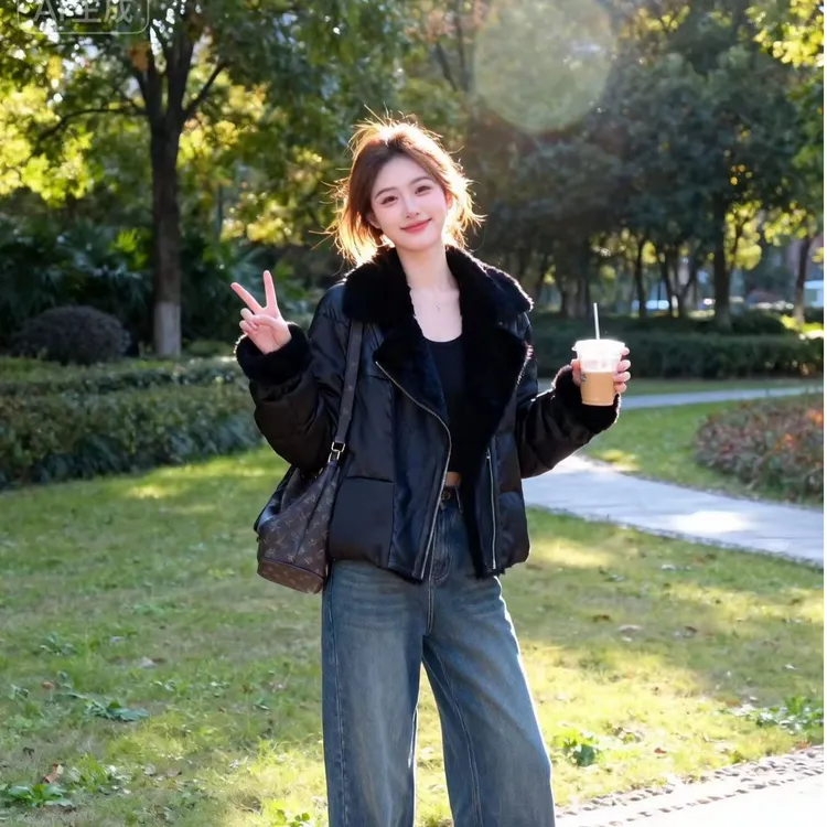 海宁新款时尚百搭宽松型显瘦拼接短鹅绒服短外套韩版休闲显瘦