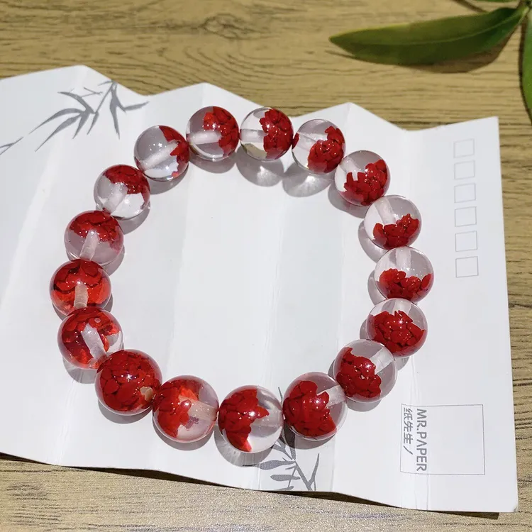 含辰砂工艺品朱砂红胶花手链女款单圈聚宝盆手串饰礼物送女友礼物