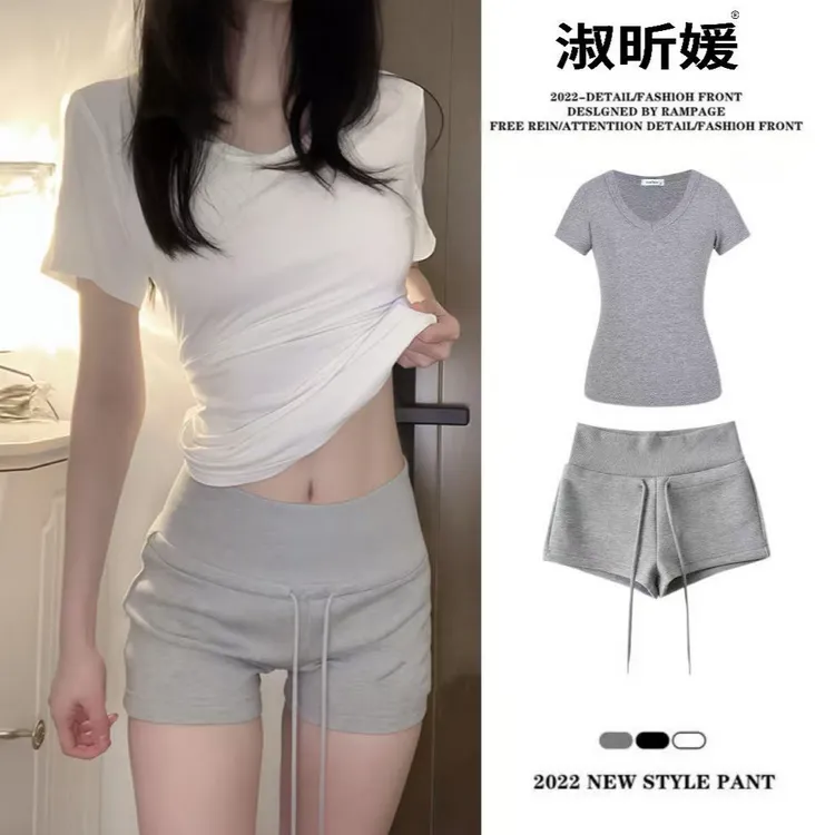 淑昕媛休闲风时尚套装外穿短袖休闲夏季百搭阔腿显瘦辣妹宽松短裤