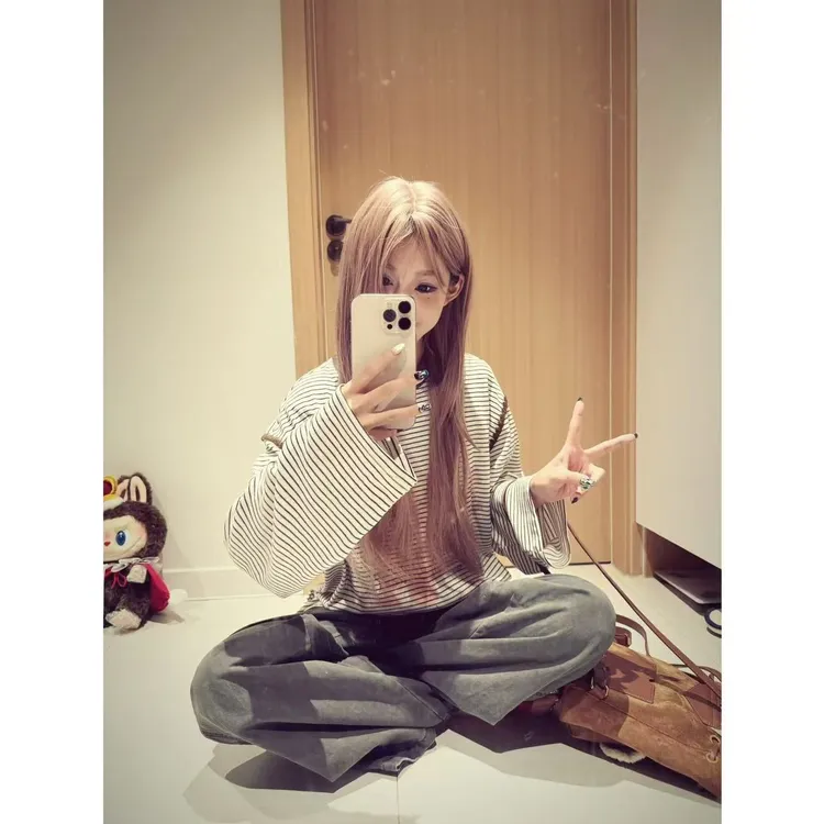 美式复古咖色条纹长袖t恤女秋冬新款印花慵懒风宽松显瘦上衣
