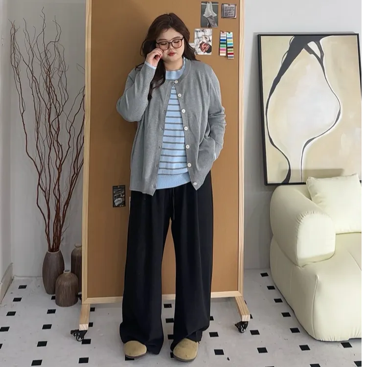 春季百搭条纹长袖假两件气质显瘦休闲时尚圆领毛衣针织开衫女903