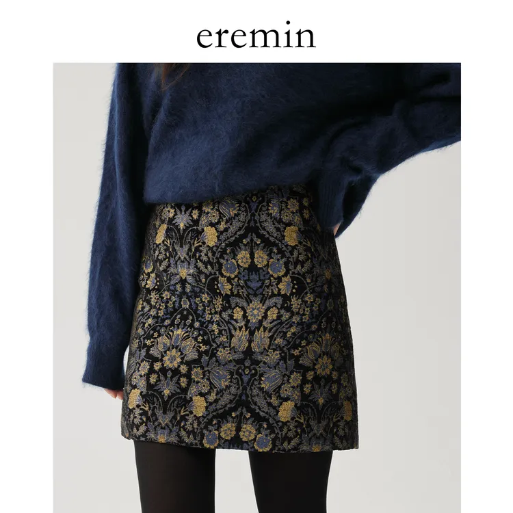 DE Mincollection鎏金花卉裙/复古提花质感小众A字半身裙59019