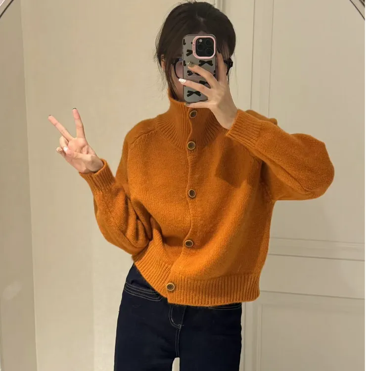 2025秋冬季新款韩系复古立领单排纽扣毛衣女款小个子短款针织开衫