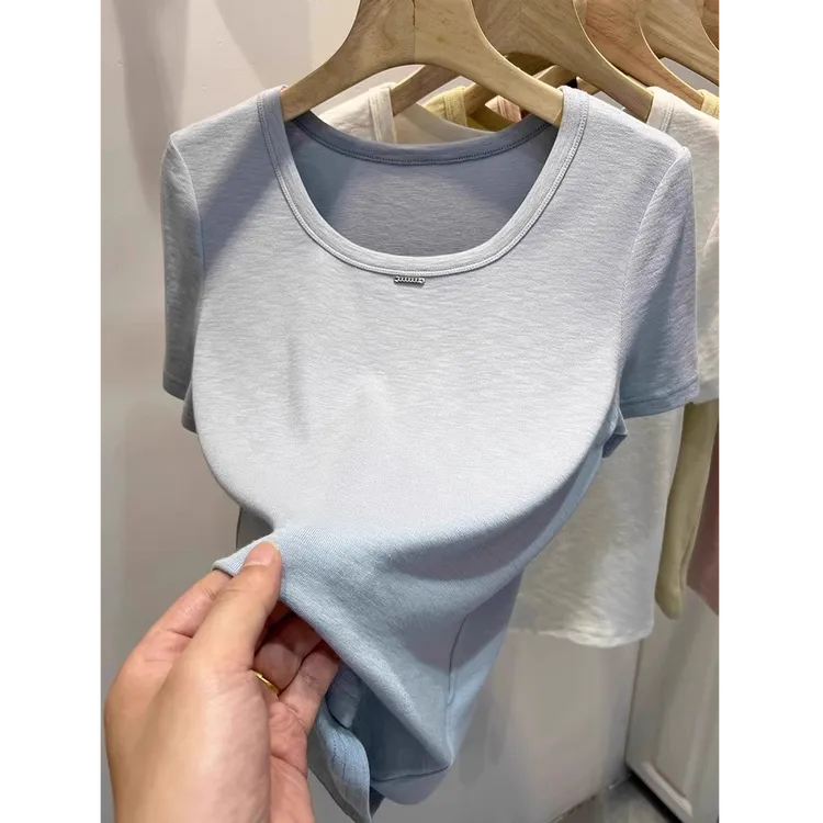 方领正肩短袖T恤女2025夏季新款洋气修身短款气质打底衫体恤上衣