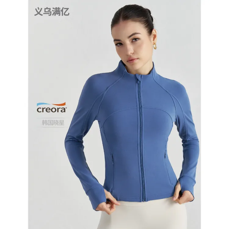 女士裸感立领修身瑜伽上衣背后网纱透气运动健身外套