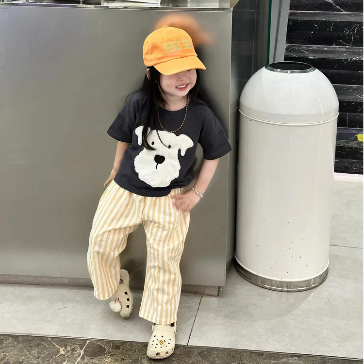 小思家女童套装2025夏季新款时尚韩版百搭卡通短袖上衣条纹休闲裤