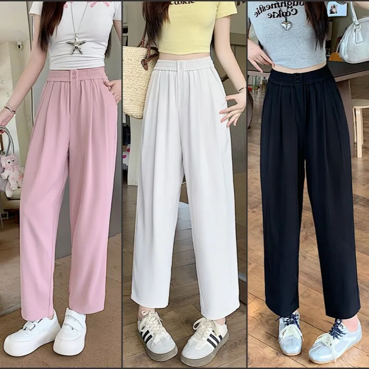 大码胖mm夏季薄款冰丝西装烟管裤女显瘦高腰百搭宽松九分哈伦裤