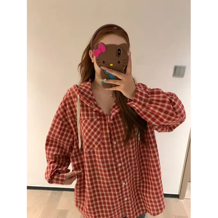 慧芝huizhi S1072红色格帽衫 定制款 可爱学院风宽松显瘦衬衣