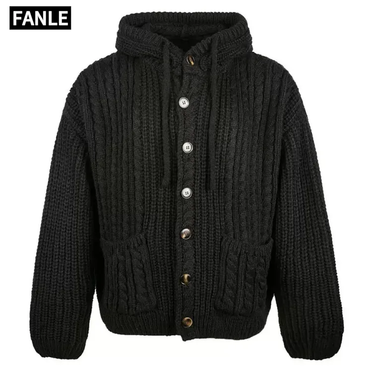 FANLE纹麻花重磅连帽毛衣男女冬季设计感慵懒高智感针织开衫外套