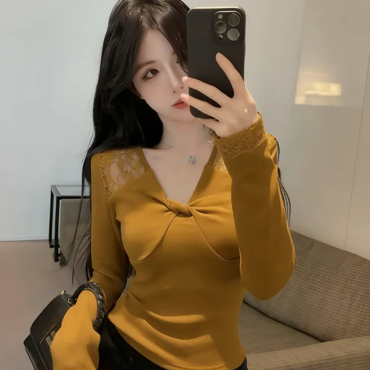 秋冬甜辣妹设计感V领T恤修身显瘦内搭长袖内搭加绒打底衫女0067