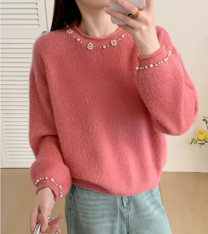 不起球韩版钉珠细闪亮丝宽松长袖针织衫女2025显瘦打底上衣毛衣
