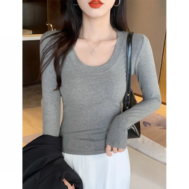 秋冬季加绒新款螺纹t恤女美拉德风穿搭纯欲U领修身内搭打底衫