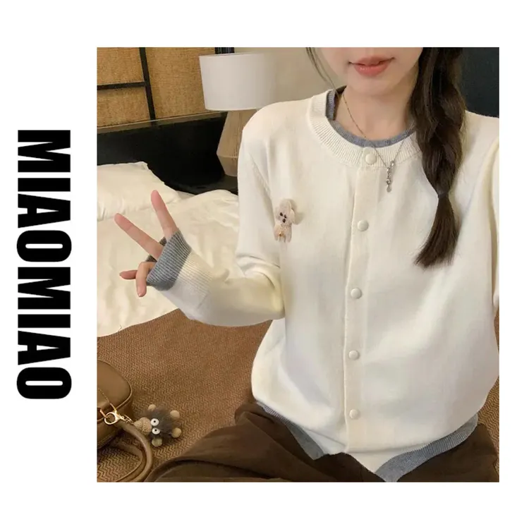 【大码】6110秋装新款胖mm大码女撞色甜美贴布小狗长袖针织上衣