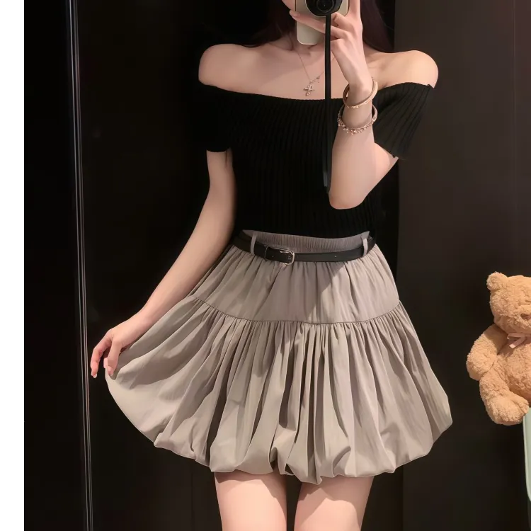 配皮带高腰显瘦防走光黑色花苞裙女2025春夏新款韩版百搭a字短裙