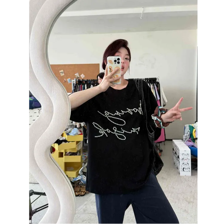 【珍珠T】胸前钢钉珍珠字母图案宽松短袖T恤上衣夏季百搭