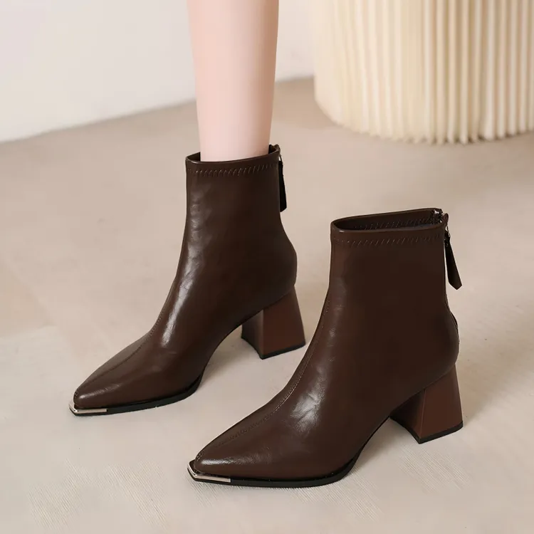 真皮小短靴女高跟鞋短筒靴子2025秋冬新款温州皮鞋女鞋粗跟马丁靴