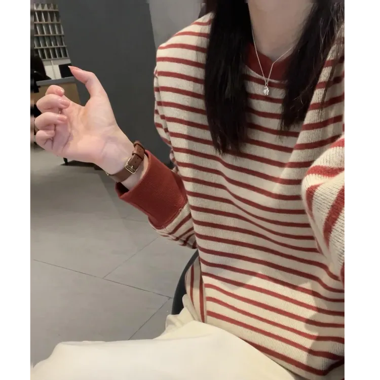 女装春秋新款时尚套装长袖卫衣红色条纹休闲时尚宽松慵懒阔腿裤