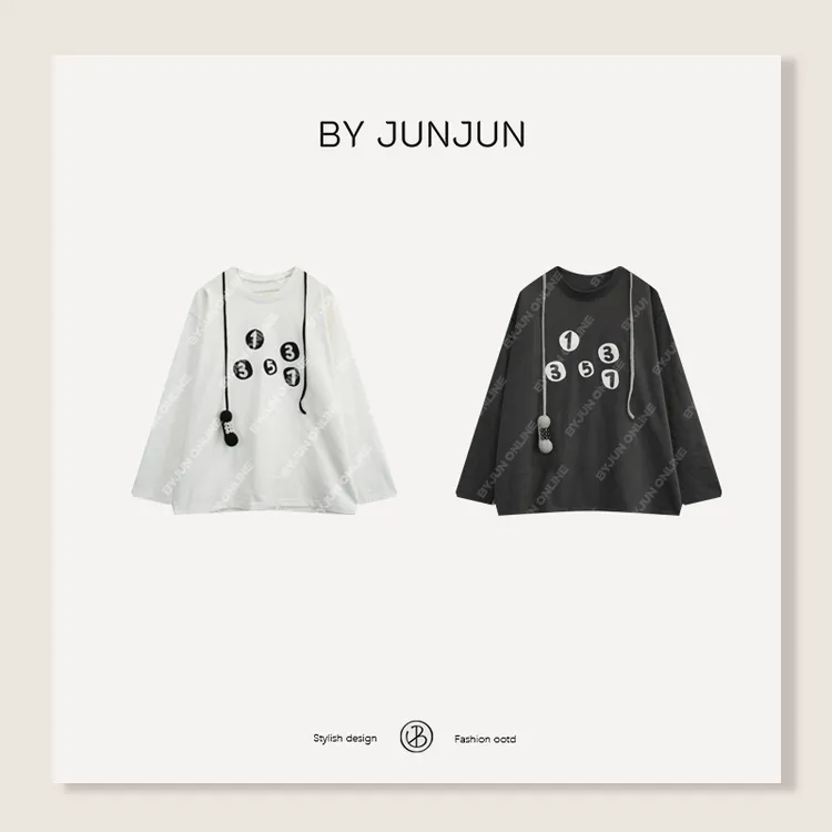 ByJunjun电话机重工手工编缝宽松T恤高级女装设计感圆领长袖