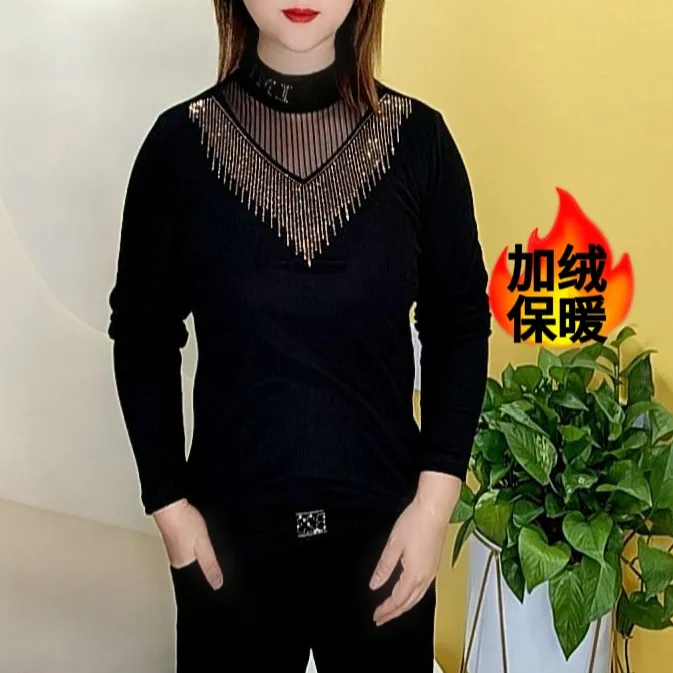 秋冬高贵气质烫钻小衫加绒保暖时尚洋气百搭打底衫减龄显瘦上衣女
