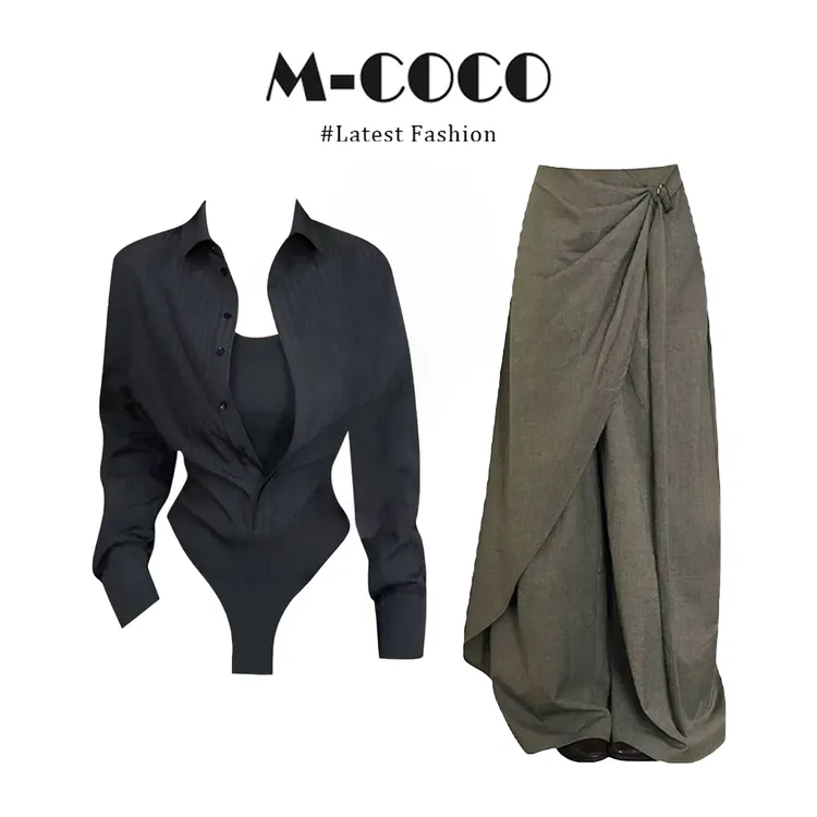 【现货秒发】纯欲辣妹风假两件长袖连体衬衫复古设计感阔腿长裤套装