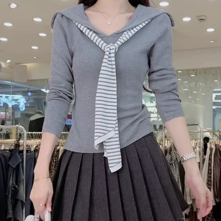 【慵懒时光】2025秋季新款飘带翻领针织上衣C5924