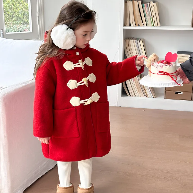 【加绒加厚】女童韩版新年款气质中长款连帽毛呢大衣外套 24B034