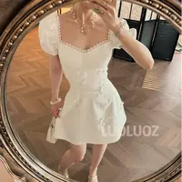 【现货】LUOLUOZ【浮光森林】绝美泡泡袖立体花朵收腰短款连衣裙JF769