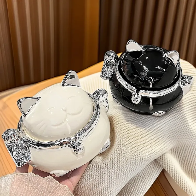 创意个性客厅家用新款招财猫轻奢带盖防飞灰办公室烟缸高级感氛围