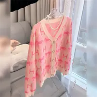 2542现货早春针织衫长袖开衫卡通字母提花宽松V领薄款时尚外套