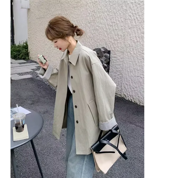 条纹拼接翻领休闲风衣外套女春秋2025新款小个子美式高级感夹克