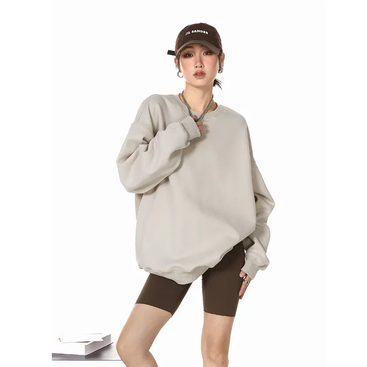 美式圆领灰色卫衣女春季新款宽松慵懒纯色套头外套上衣