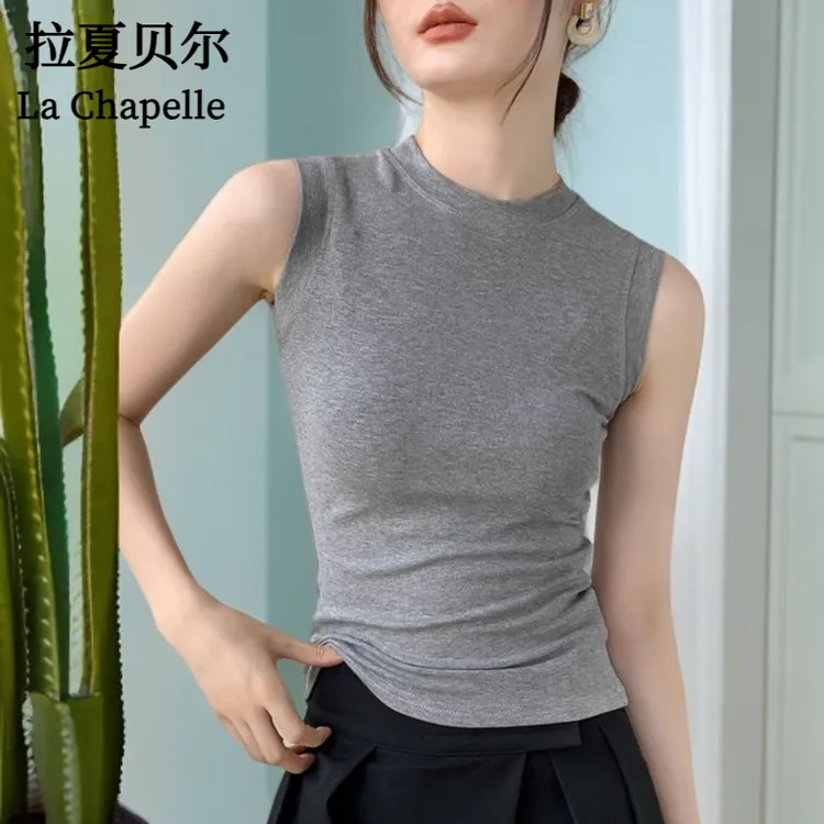 拉夏贝尔遮副乳背心灰色无袖修身早秋女西装打底衫T恤2025内圆领