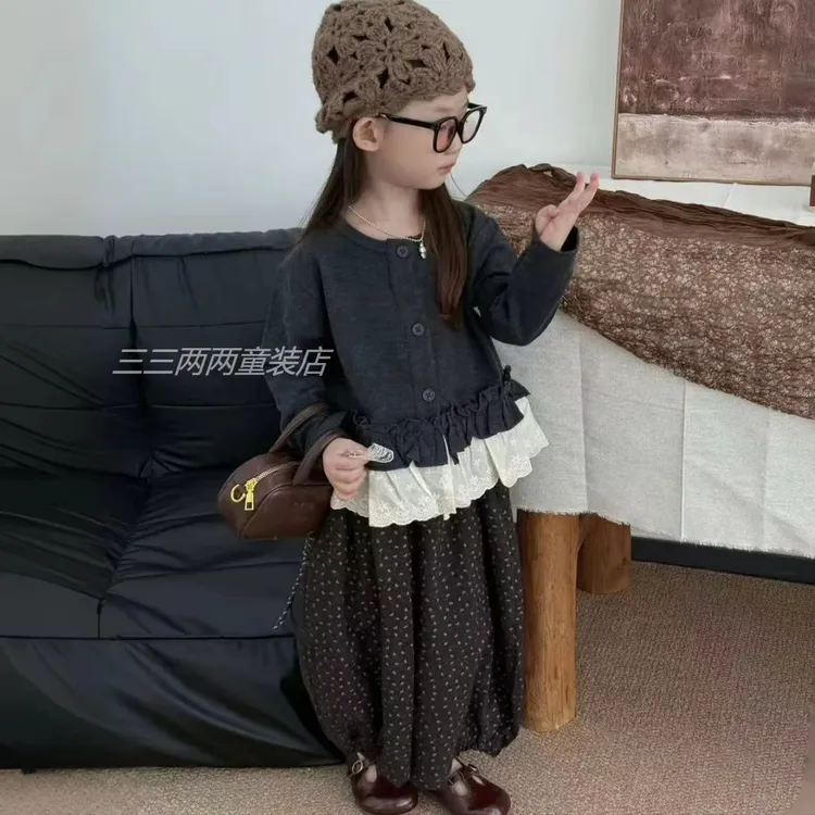女童秋装森系套装2025新款儿童女宝花边长袖灯笼裤洋气时髦两件套