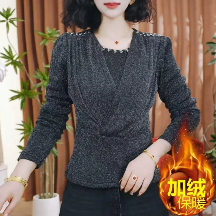冬季新款加绒时尚气质交叉领小衫洋气百搭串珠长袖打底衫