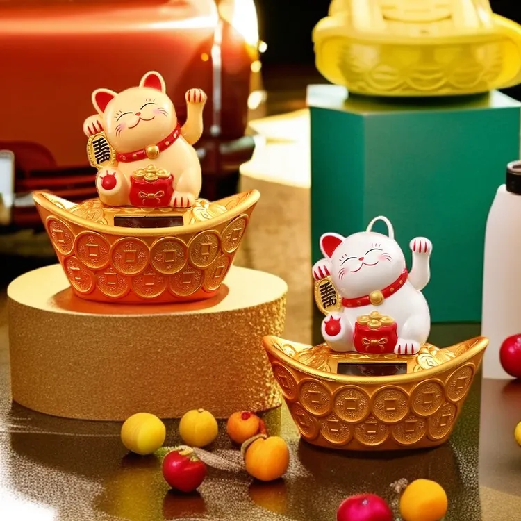 元宝太阳能自动招手招财猫摆件车载家居开业装饰收银招财猫高档